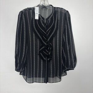 White House Black Market Top Small Black Chiffon Ruffle Neck Pinstriped Sheer